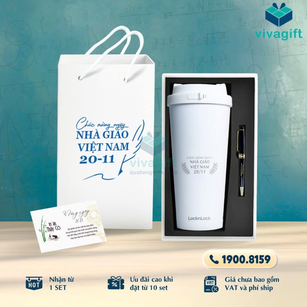 Set Quà Tặng 20/11 Ly Giữ Nhiệt, Bút Kim Loại SQT218 - Quatangviva.com