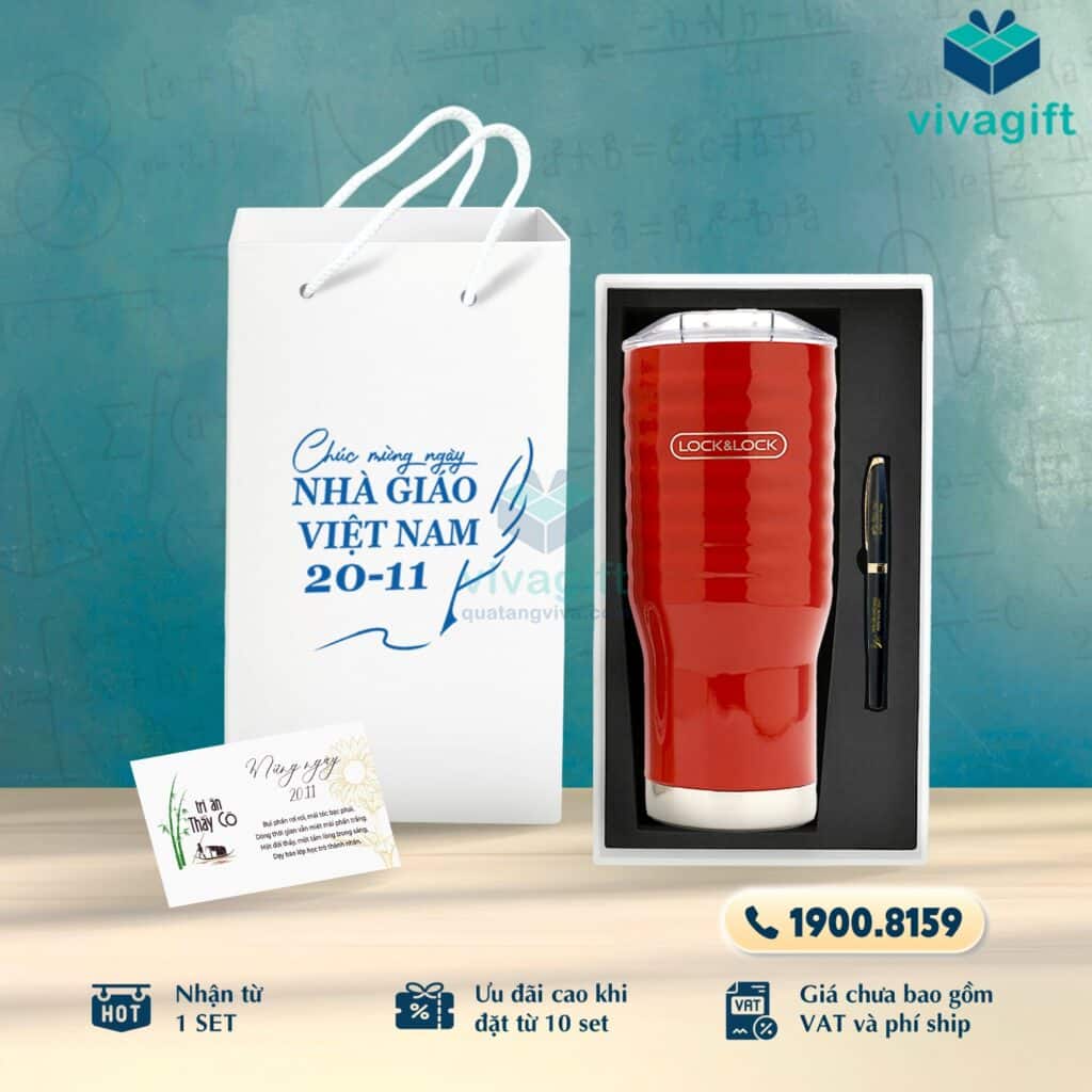 Set Quà Tặng 20/11 Ly Giữ Nhiệt, Bút Ký, Hộp Đựng SQT220 - Quatangviva.com