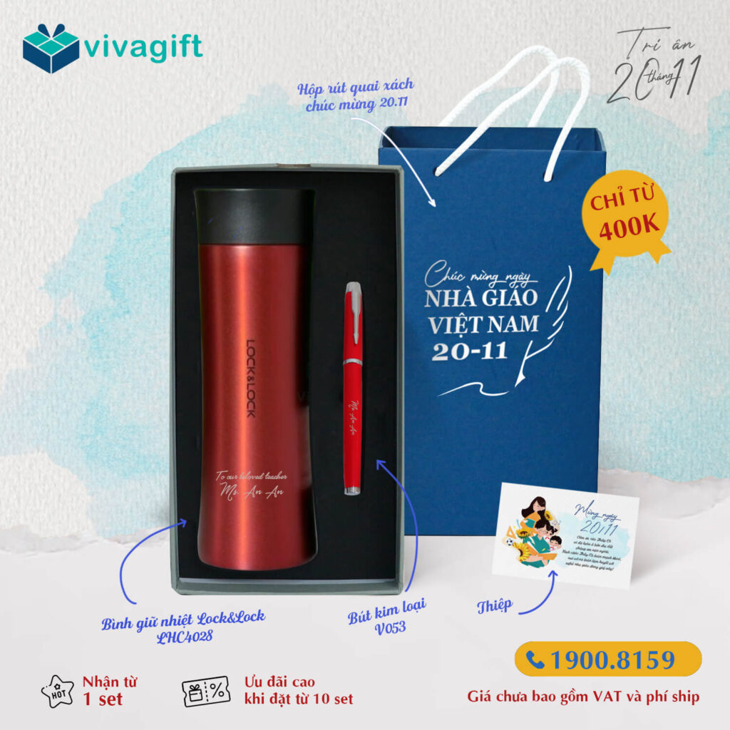 Set quà 20/11 bình giữ nhiệt Lock&Lock, bút kim loại, hộp đựng sang trọng