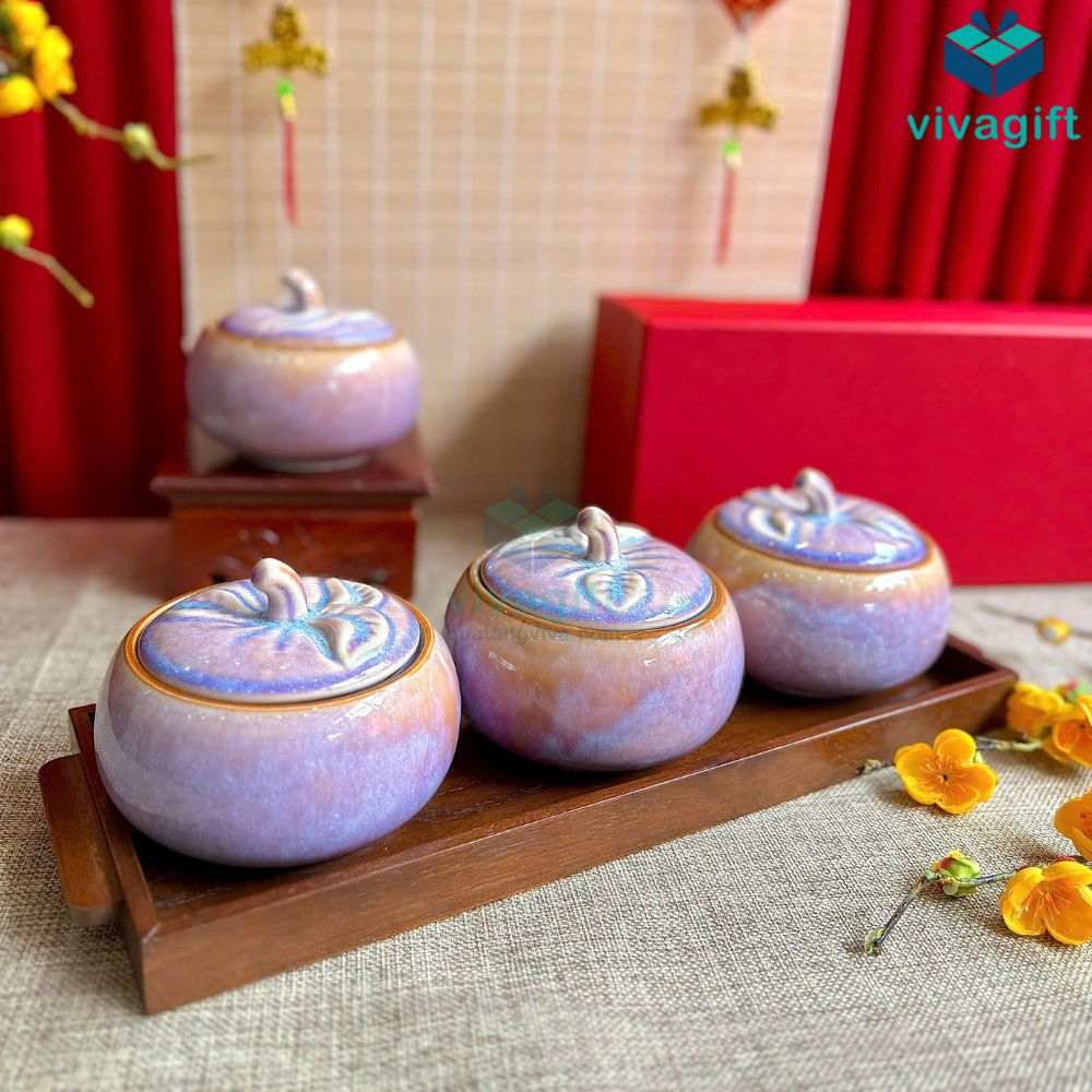 Bộ hũ mứt Tết men hỏa biến tím dáng quả bí kèm khay gỗ KMS-26 6 bo hu mut tet men hoa bien tim kms 26 01
