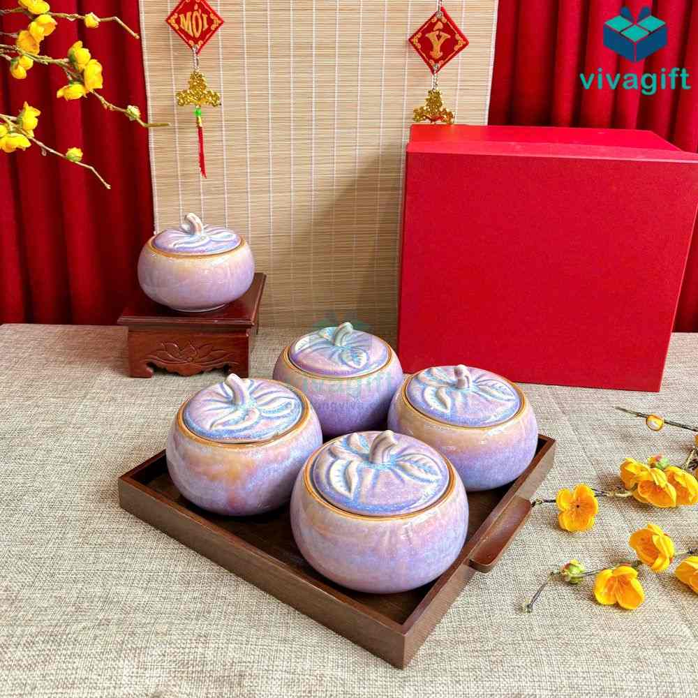 Bộ hũ mứt Tết men hỏa biến tím dáng quả bí kèm khay gỗ KMS-26 8 bo hu mut tet men hoa bien tim kms 26 02