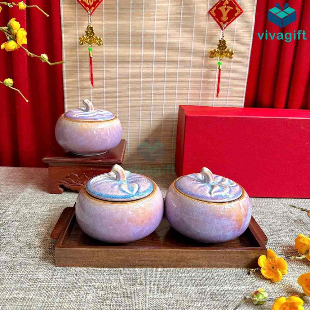 Bộ hũ mứt Tết men hỏa biến tím dáng quả bí kèm khay gỗ KMS-26 5 bo hu mut tet men hoa bien tim kms 26