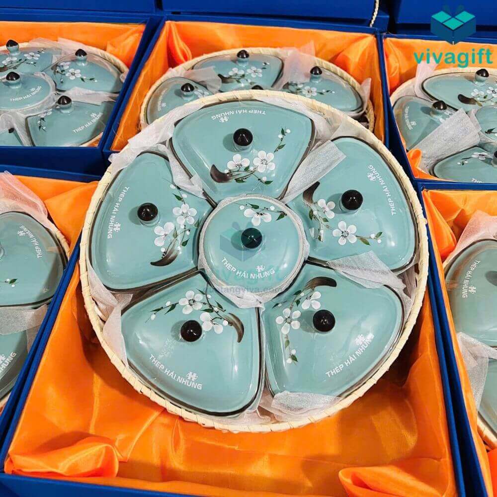 Khay đựng mứt Tết gốm sứ Bát Tràng men xanh vẽ hoa đào trắng KMS-19 23 khay dung mut tet ve hoa dao trang kms 19 03