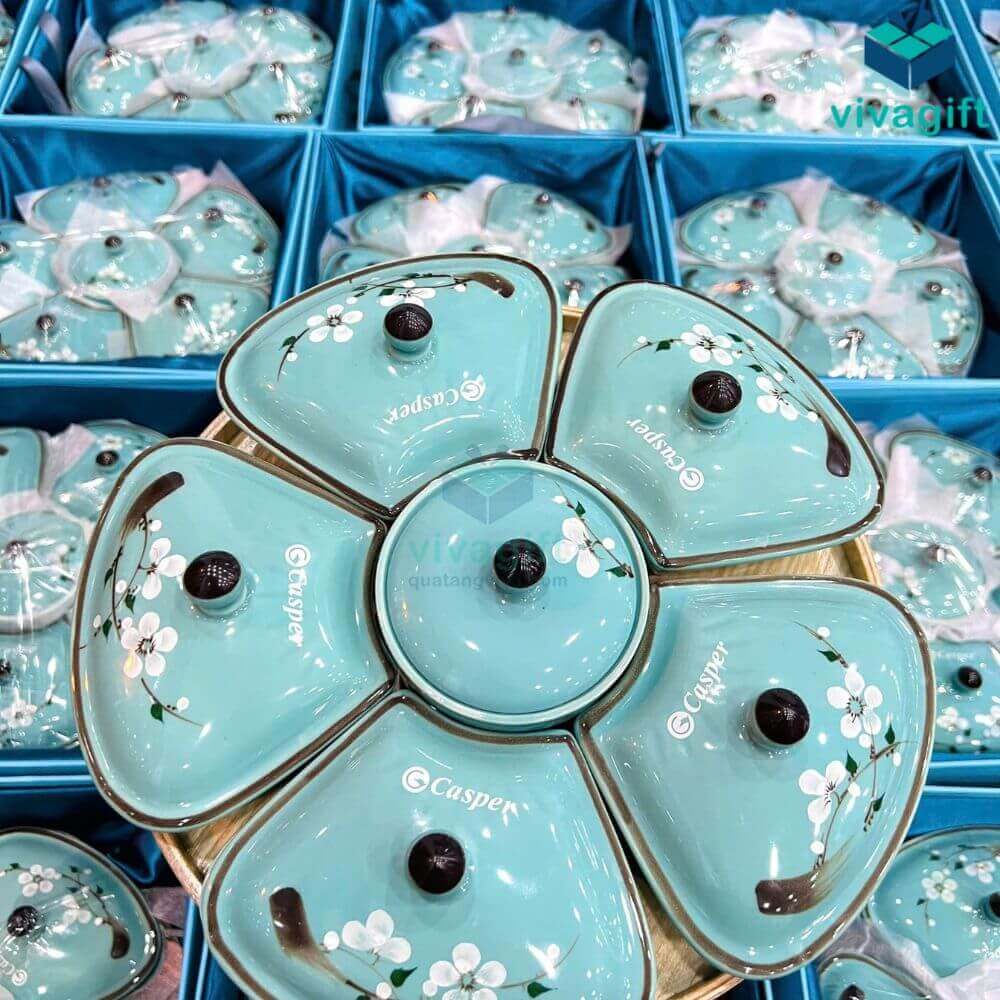 Khay đựng mứt Tết gốm sứ Bát Tràng men xanh vẽ hoa đào trắng KMS-19 15 khay dung mut tet ve hoa dao trang kms 19 11