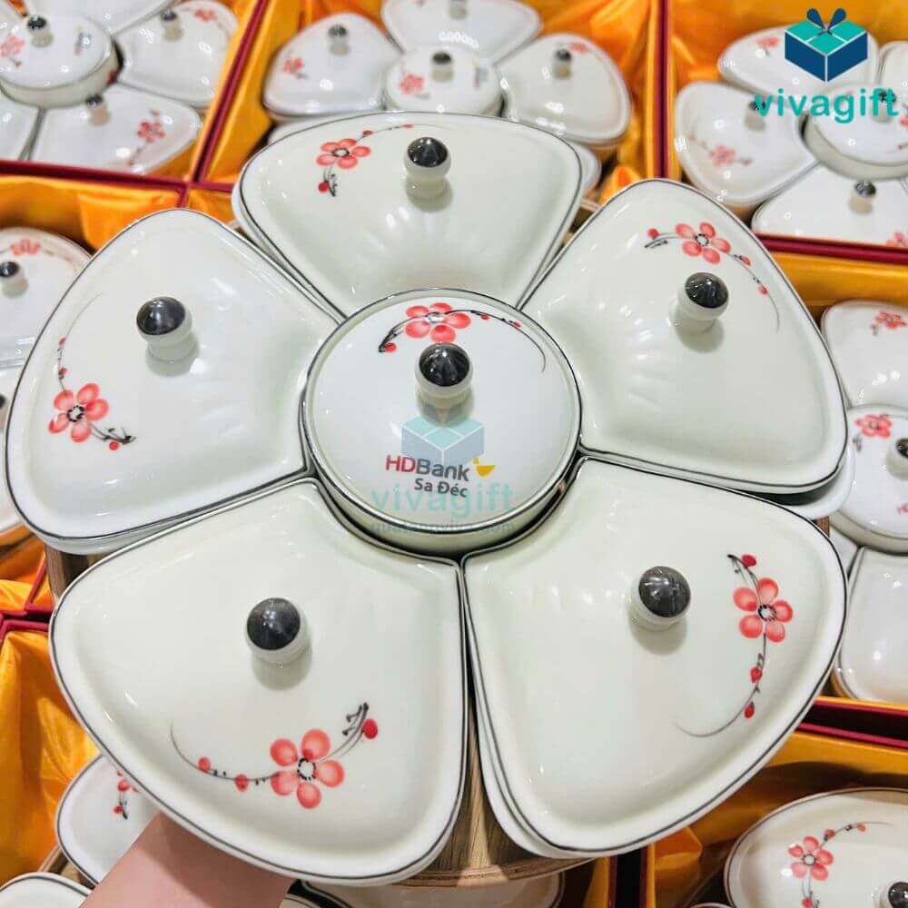 Khay đựng mứt Tết gốm sứ Bát Tràng men kem vẽ hoa đào đỏ KMS-21 9 khay dung mut ve hoa dao do kms 21 02