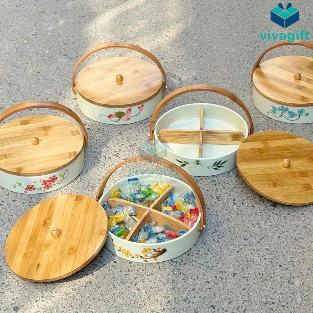 Khay mứt Tết tròn 4 ngăn tay xách gỗ KMS-27 15 khay mut tet tron 4 ngan kms 27 08