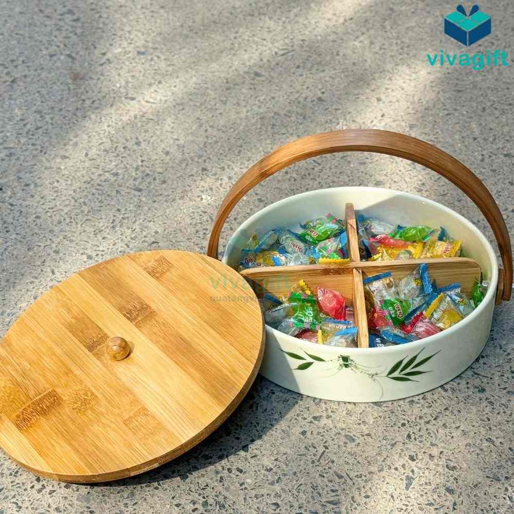 Khay mứt Tết tròn 4 ngăn tay xách gỗ KMS-27 14 khay mut tet tron 4 ngan kms 27 09