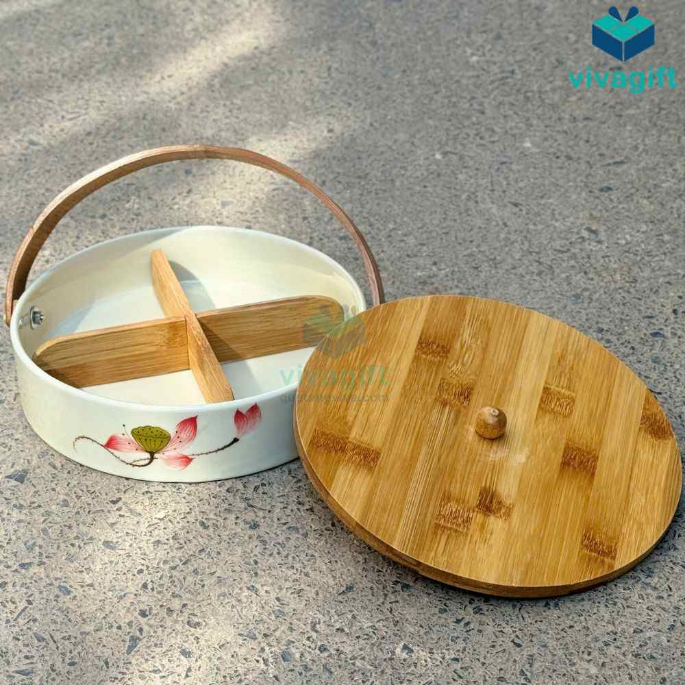 Khay mứt Tết tròn 4 ngăn tay xách gỗ KMS-27 13 khay mut tet tron 4 ngan kms 27 10