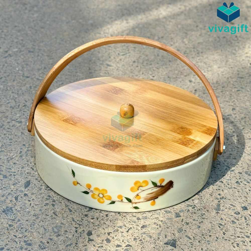 Khay mứt Tết tròn 4 ngăn tay xách gỗ KMS-27 12 khay mut tet tron 4 ngan kms 27