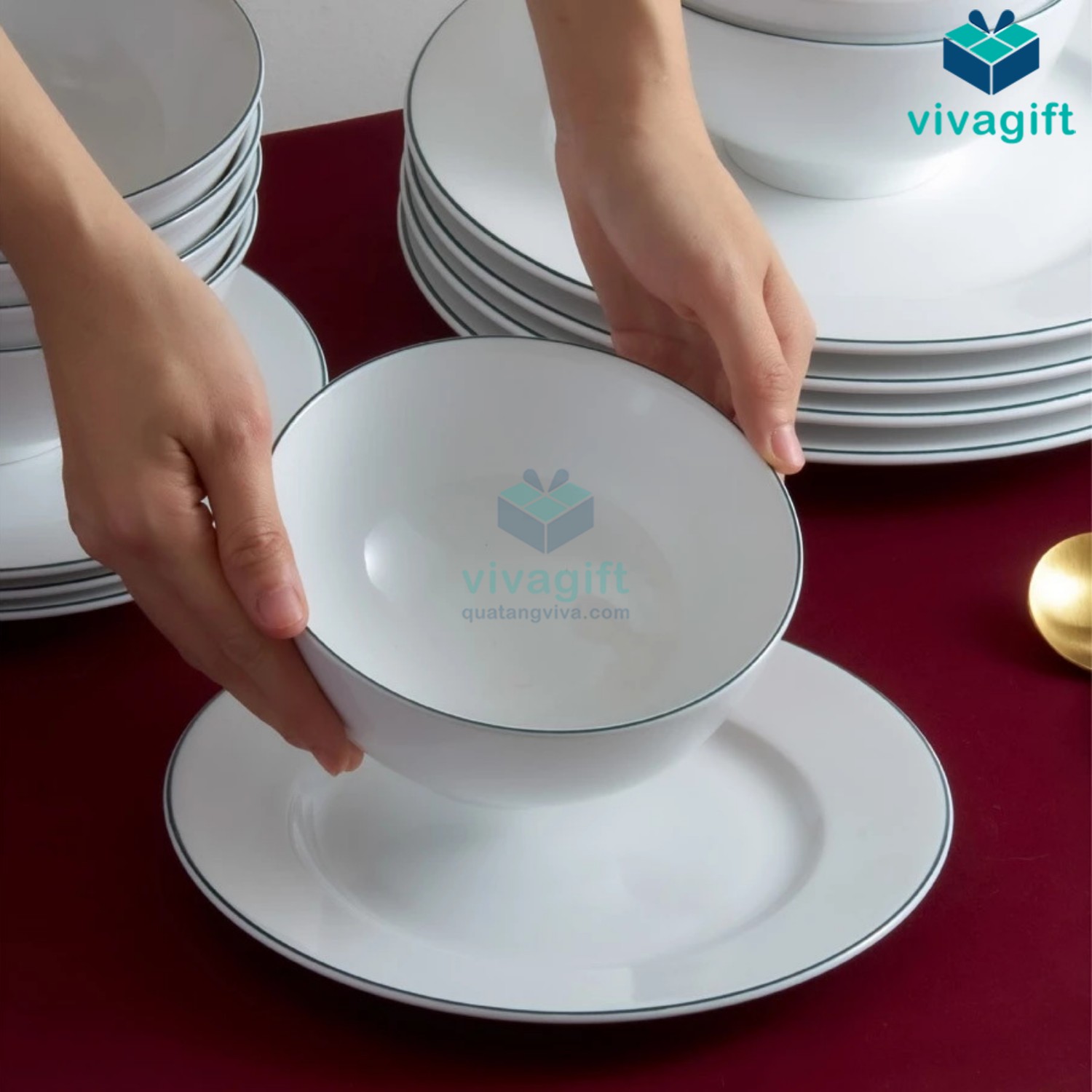 Bộ bàn ăn sứ Minh Long 09 sản phẩm - Jasmine - Chỉ Xanh Lá A001_09009 - Quatangviva.com Bộ bàn ăn sứ Minh Long 09 sản phẩm - Jasmine - Chỉ Xanh Lá A001_09009 - Quatangviva.com