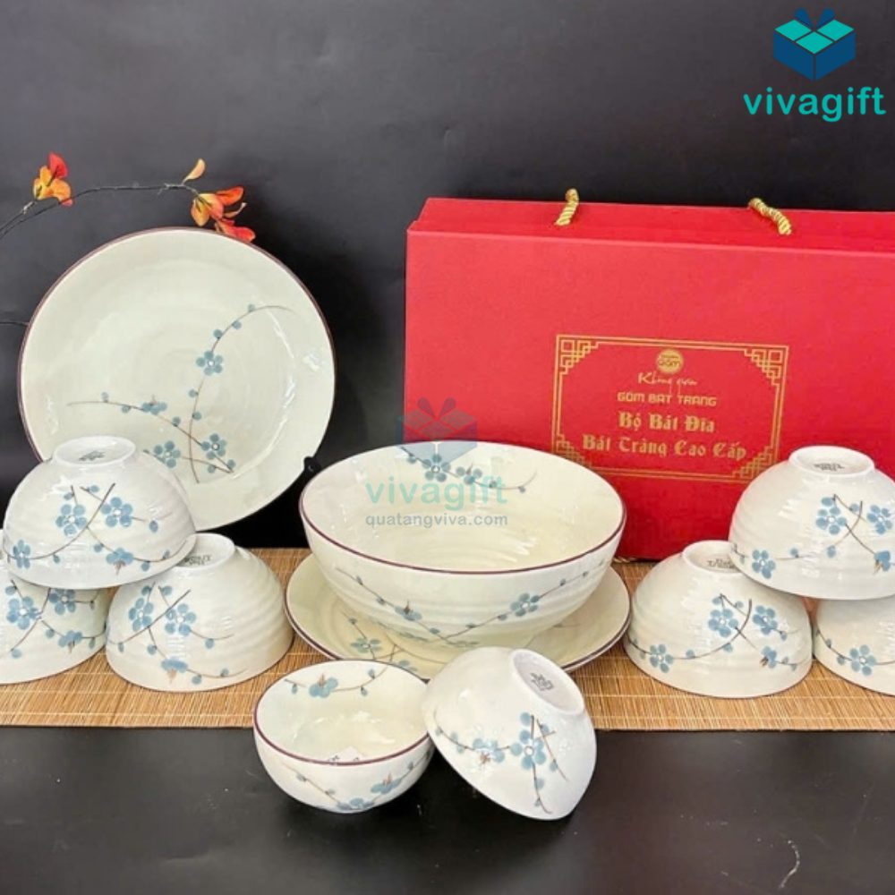 Bộ Bát Đĩa Quà Tặng Bát Tràng Hoa Đào Xanh BAB-111 6 bo bat dia bat trang hoa dao xanh bab 111 01