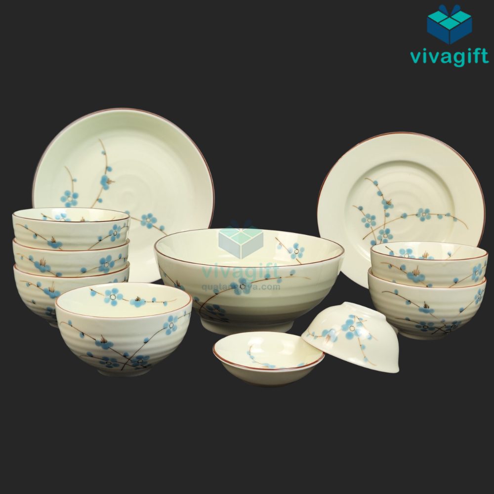 Bộ Bát Đĩa Quà Tặng Bát Tràng Hoa Đào Xanh BAB-111 7 bo bat dia bat trang hoa dao xanh bab 111 02