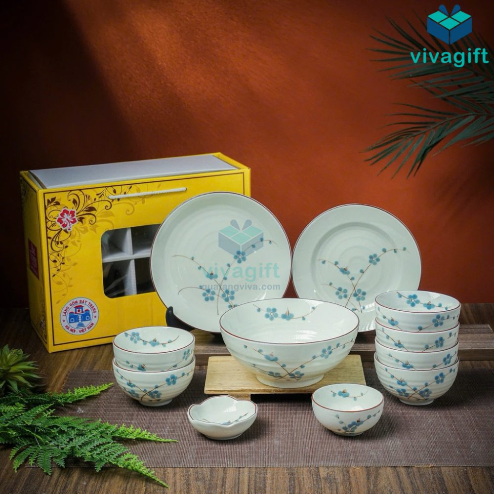 Bộ Bát Đĩa Quà Tặng Bát Tràng Hoa Đào Xanh BAB-111 8 bo bat dia bat trang hoa dao xanh bab 111 03