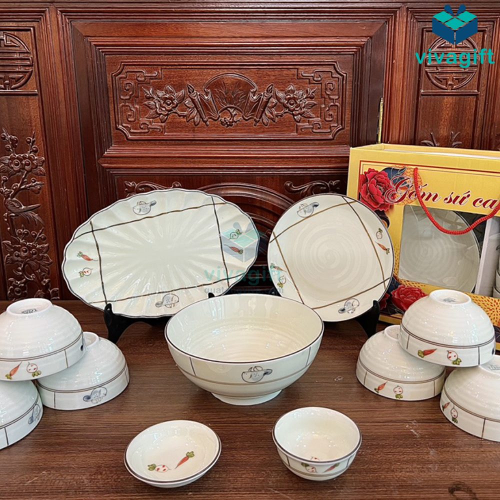 Bộ Bát Đĩa Quà Tặng Bát Tràng Vẽ Cà Rốt BAB-113 4 bo bat dia qua tang bat trang ve ca rot bab 113