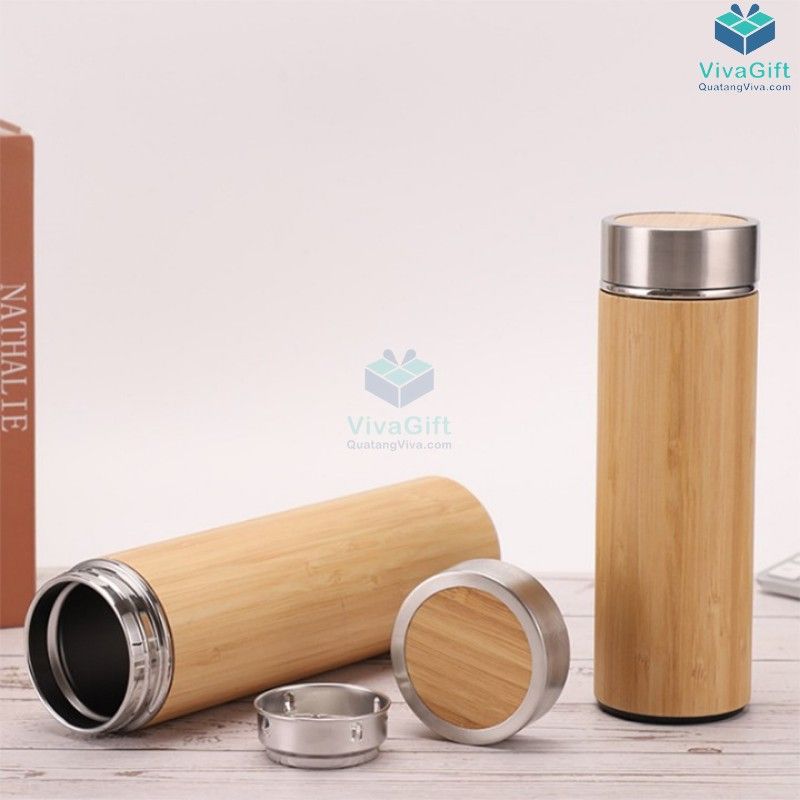 Bình giữ nhiệt vỏ tre 450ml Q104 khắc tên làm quà tặng