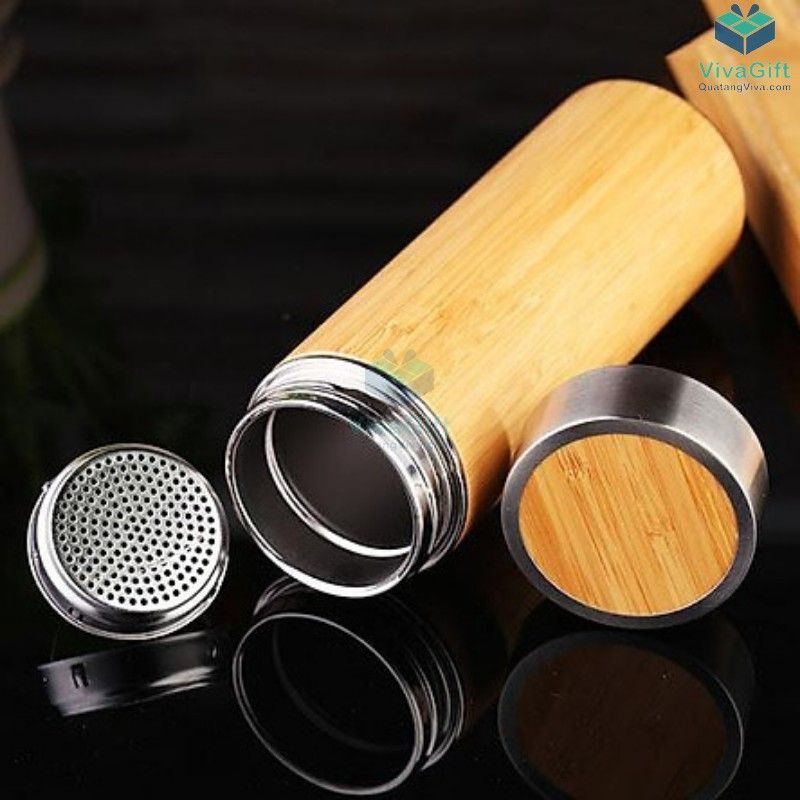 Bình giữ nhiệt vỏ tre 450ml Q104 khắc logo