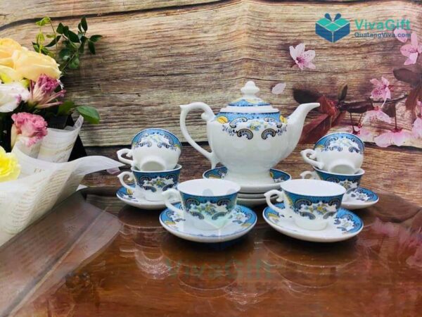 Bộ Ấm Chén Bát Tràng In Logo Quà Tặng A015 600ml 2