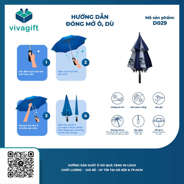 Ô Dù Thẳng Poly 2 Tầng Cán Mút Bán Kính 75cm D029 - Quà Tặng Viva