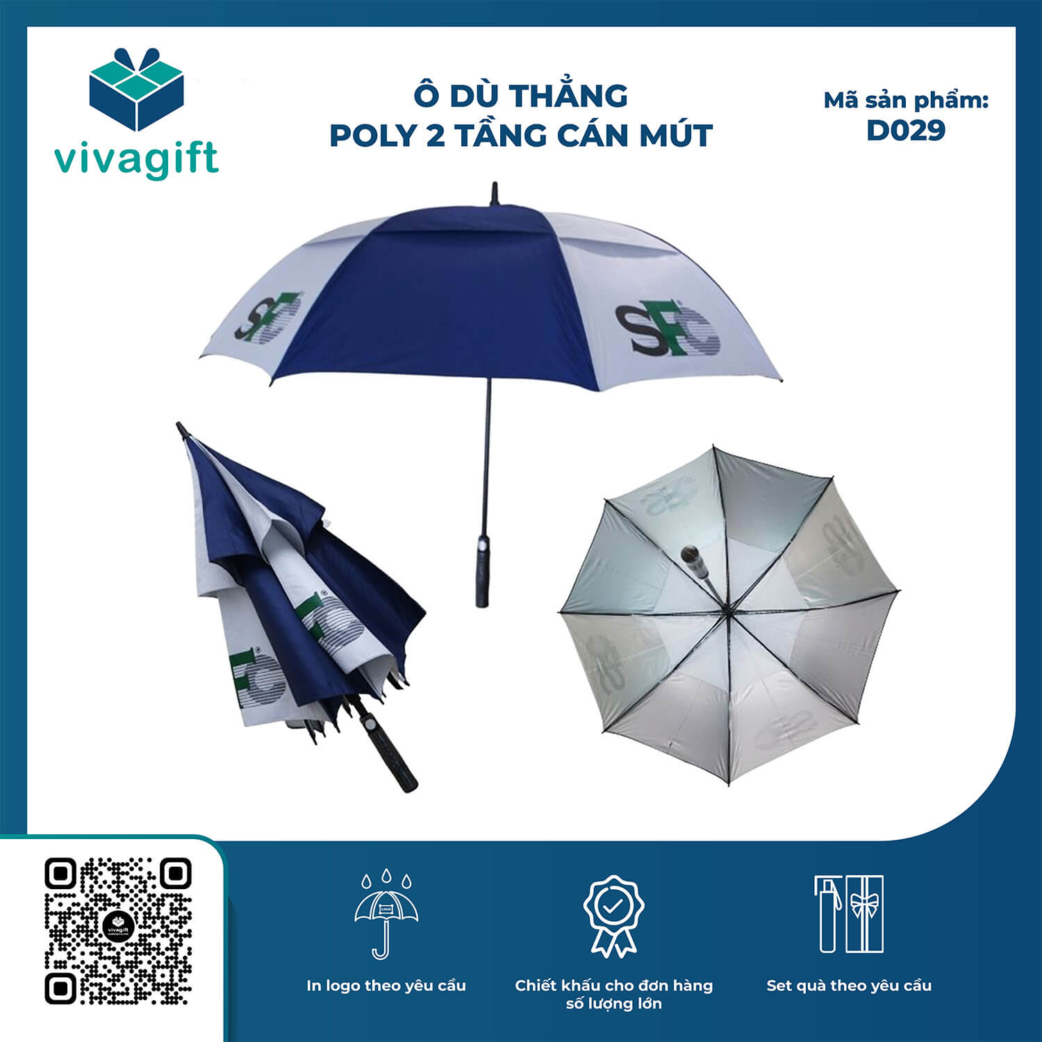 Ô Dù Thẳng Poly 2 Tầng Cán Mút Bán Kính 75cm D029 - Quà Tặng Viva