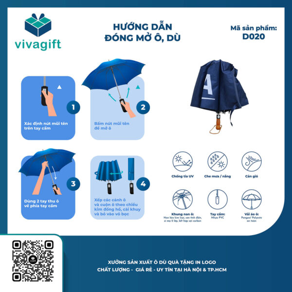Ô Dù Cầm Tay Gấp 2 Tự Động 1 Chiều Bán Kính 70cm D020 Cán Gỗ - Quatangviva.com