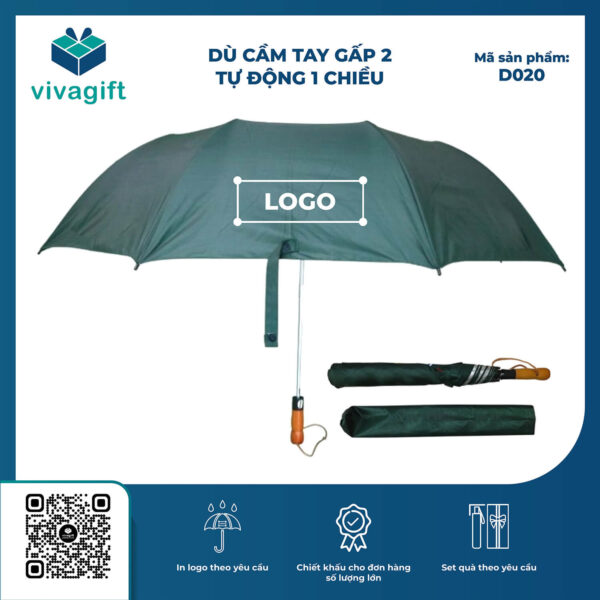 Ô Dù Cầm Tay Gấp 2 Tự Động 1 Chiều Bán Kính 70cm D020 Cán Gỗ - Quatangviva.com
