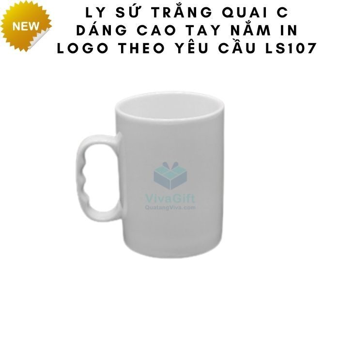 Ly Sứ Trắng Quai C Dáng Cao Tay Nắm In Logo Theo Yêu Cầu LS107