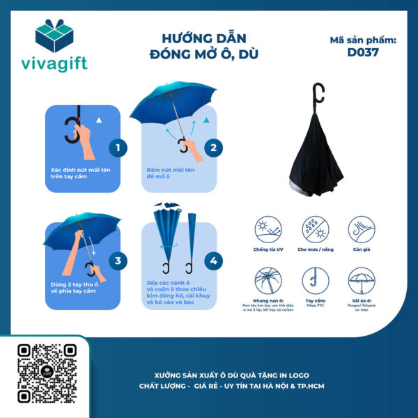 Ô Dù Cầm Tay Gấp Ngược Bán Tự Động R=59cm D037 - Hình ảnh 9