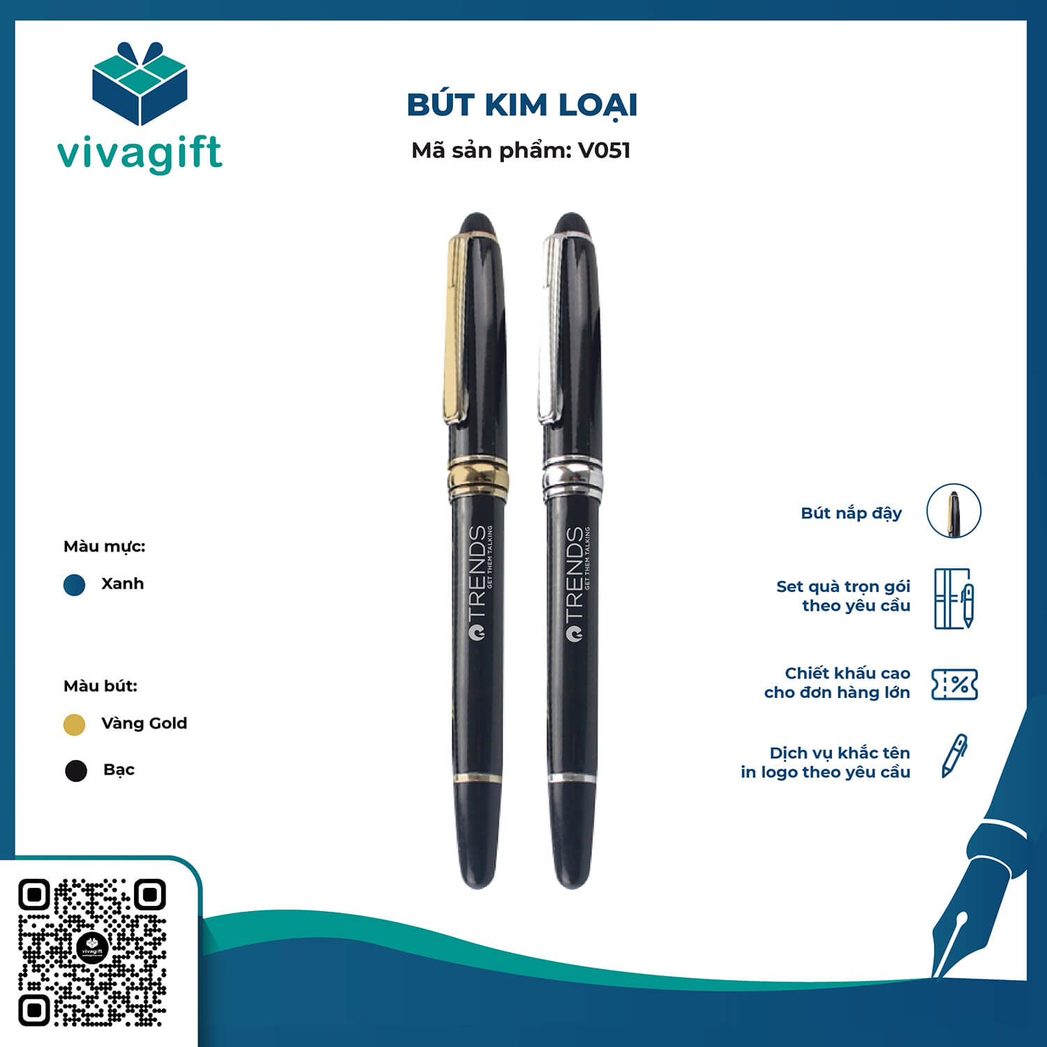 Bút Kim Loại Nắp Đậy V051 - Quà Tặng Viva