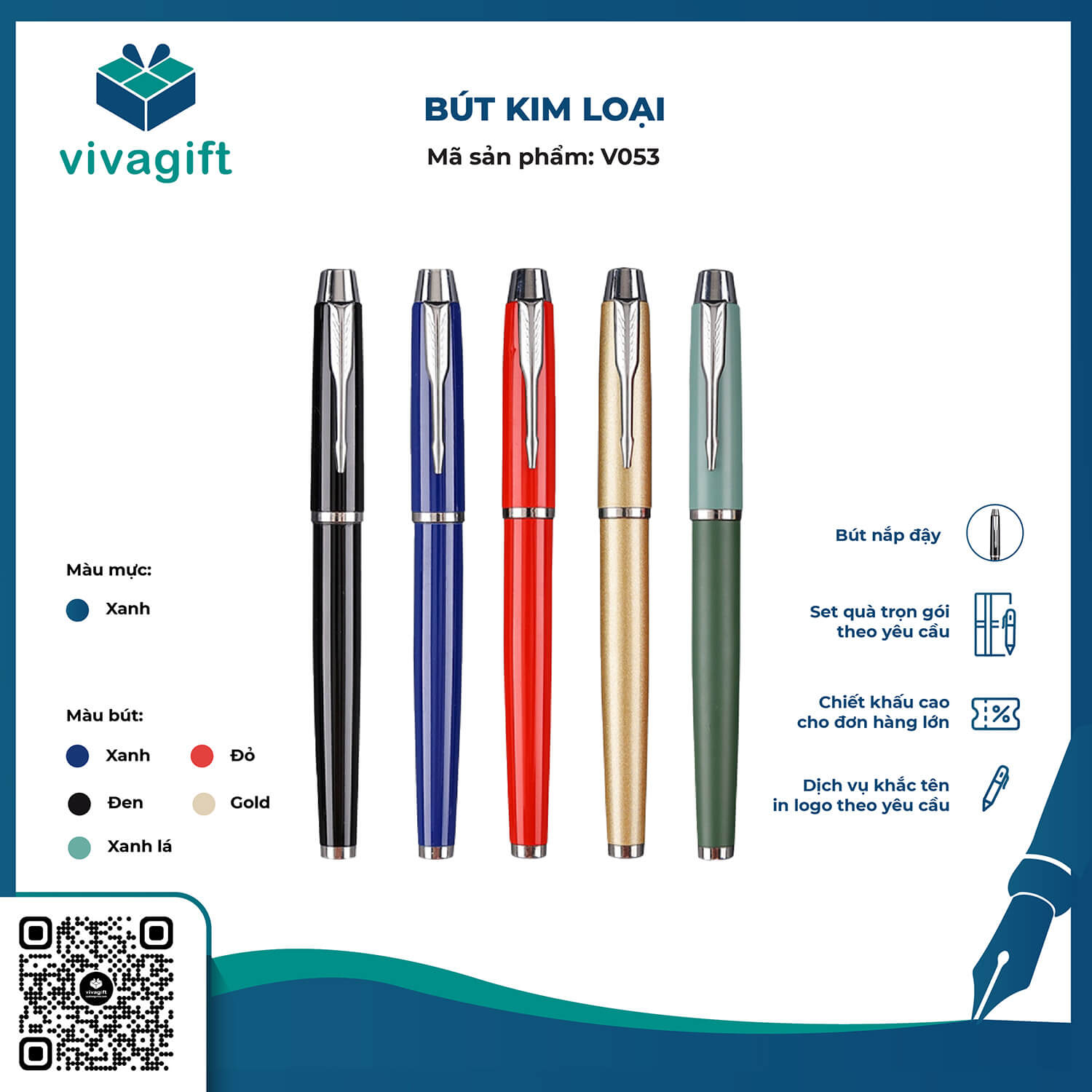 Bút Kim Loại Nắp Đậy V053 - Quà Tặng Viva