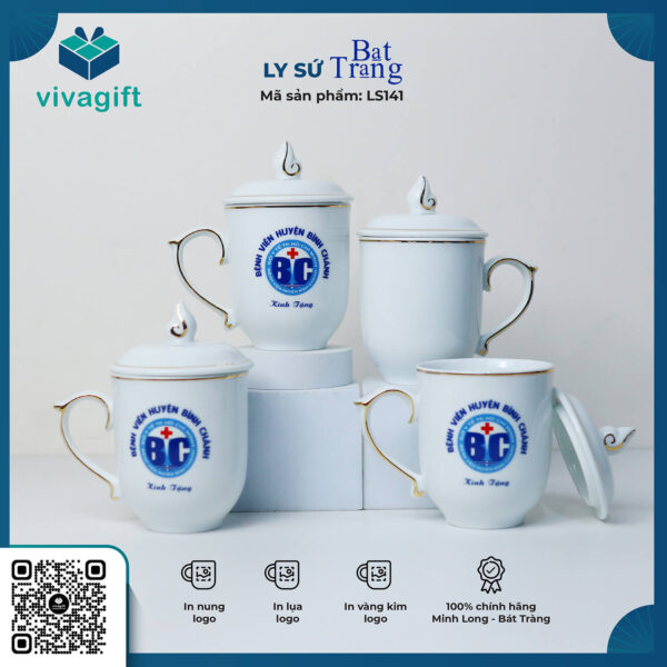 Ly Sứ Trắng Có Nắp Ngọn Lửa - Chỉ Vàng Bát Tràng LS141 - Hình ảnh 3
