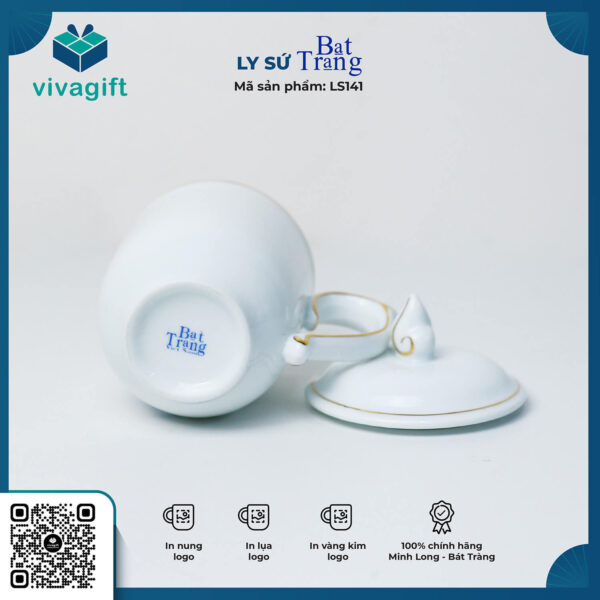 Ly Sứ Trắng Có Nắp Ngọn Lửa - Chỉ Vàng Bát Tràng LS141 - Hình ảnh 4