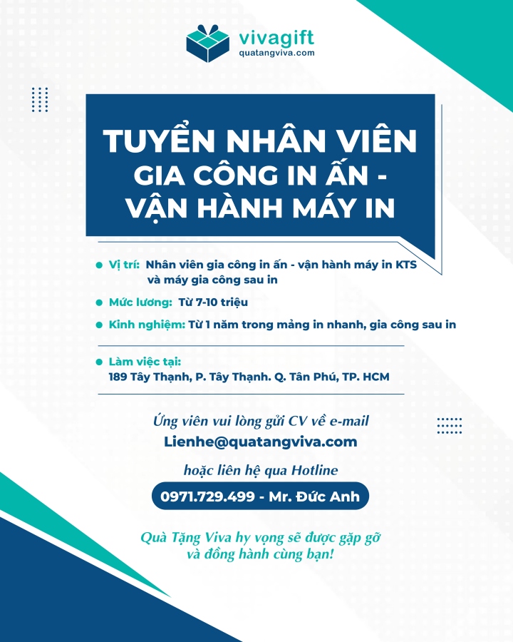 [TUYỂN DỤNG] Nhân Viên Gia Công In Ấn - Vận Hành Máy In Kỹ Thuật Số Và Máy Gia Công Sau In