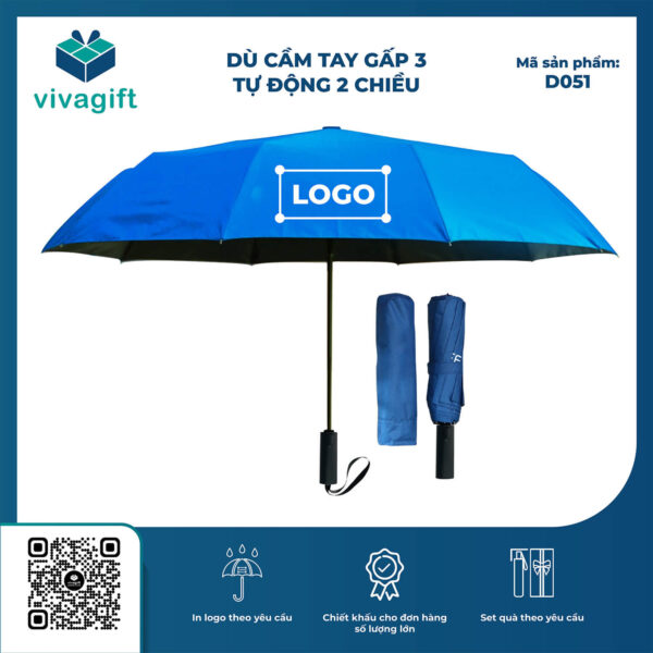 Dù Cầm Tay Gấp 3 Tự Động 2 Chiều R = 58 cm 10 Múi 3 Nan D051 - Quatangviva.com