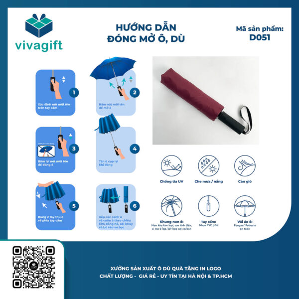 Dù Cầm Tay Gấp 3 Tự Động 2 Chiều R = 58 cm 10 Múi 3 Nan D051 - Quatangviva.com