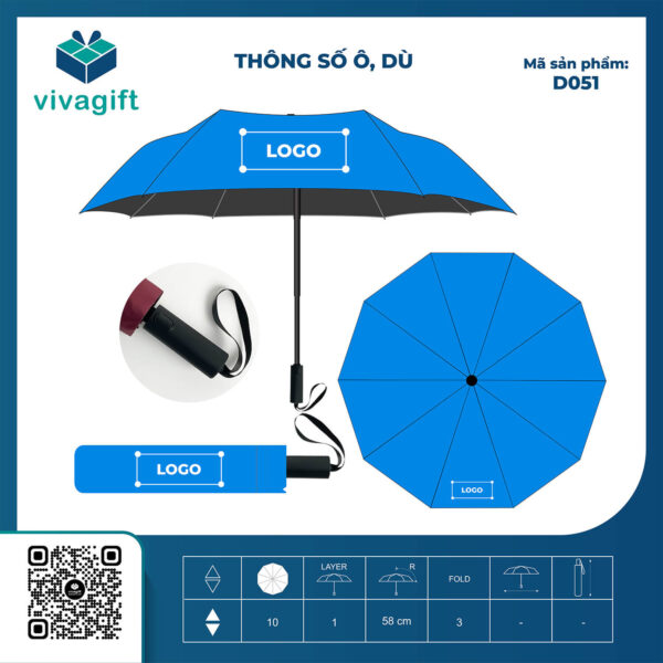 Dù Cầm Tay Gấp 3 Tự Động 2 Chiều R = 58 cm 10 Múi 3 Nan D051 - Quatangviva.com