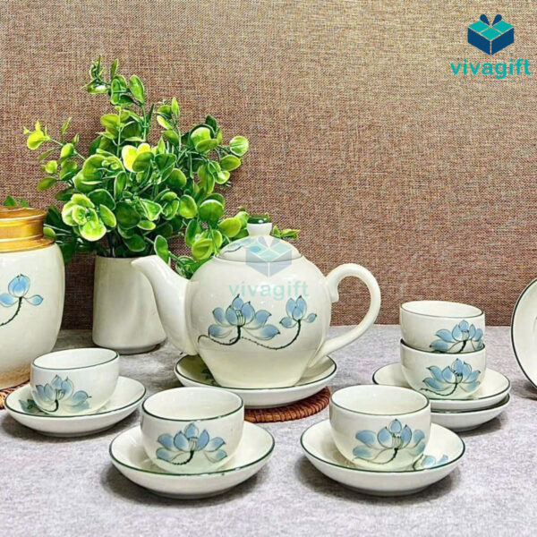 Bộ ấm chén Bát Tràng Hoa Sen Nắp Chóp A026 - Hình ảnh 7