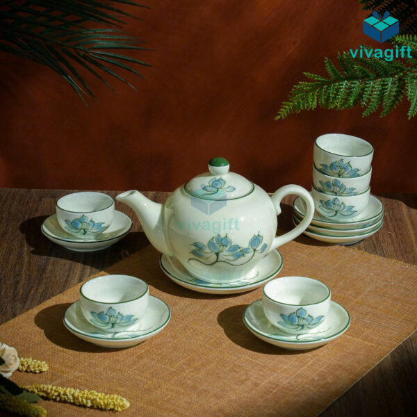 Bộ ấm chén Bát Tràng Hoa Sen Nắp Chóp A026 - Hình ảnh 2