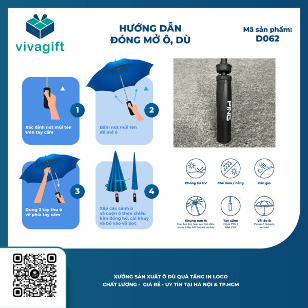 Dù cán thẳng bán kính 75cm Tay Ping D062 - Hình ảnh 11