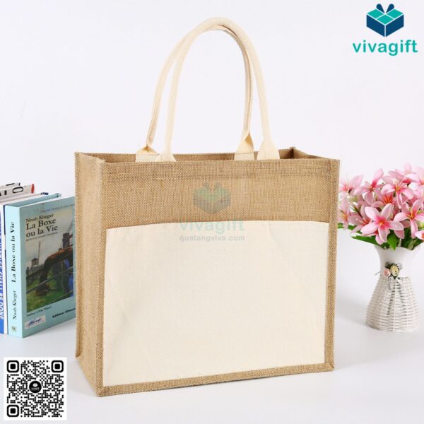Túi vải đay hình hộp vuông, có ngăn ngoài, quai xách TD104 - Hình ảnh 3