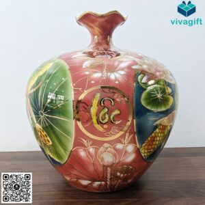 Bình hút lộc Bát Tràng vẽ vàng Cá Chép Hoa Sen BHL105