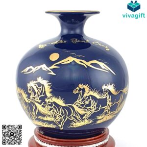 Bình hút lộc màu xanh tím than mệnh Mộc vẽ vàng Mã Đáo Thành Công BHL110
