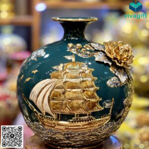 Bình hút lộc đắp nổi Mã Đáo Thành Công men xanh mallard 30cm vẽ vàng BHL117