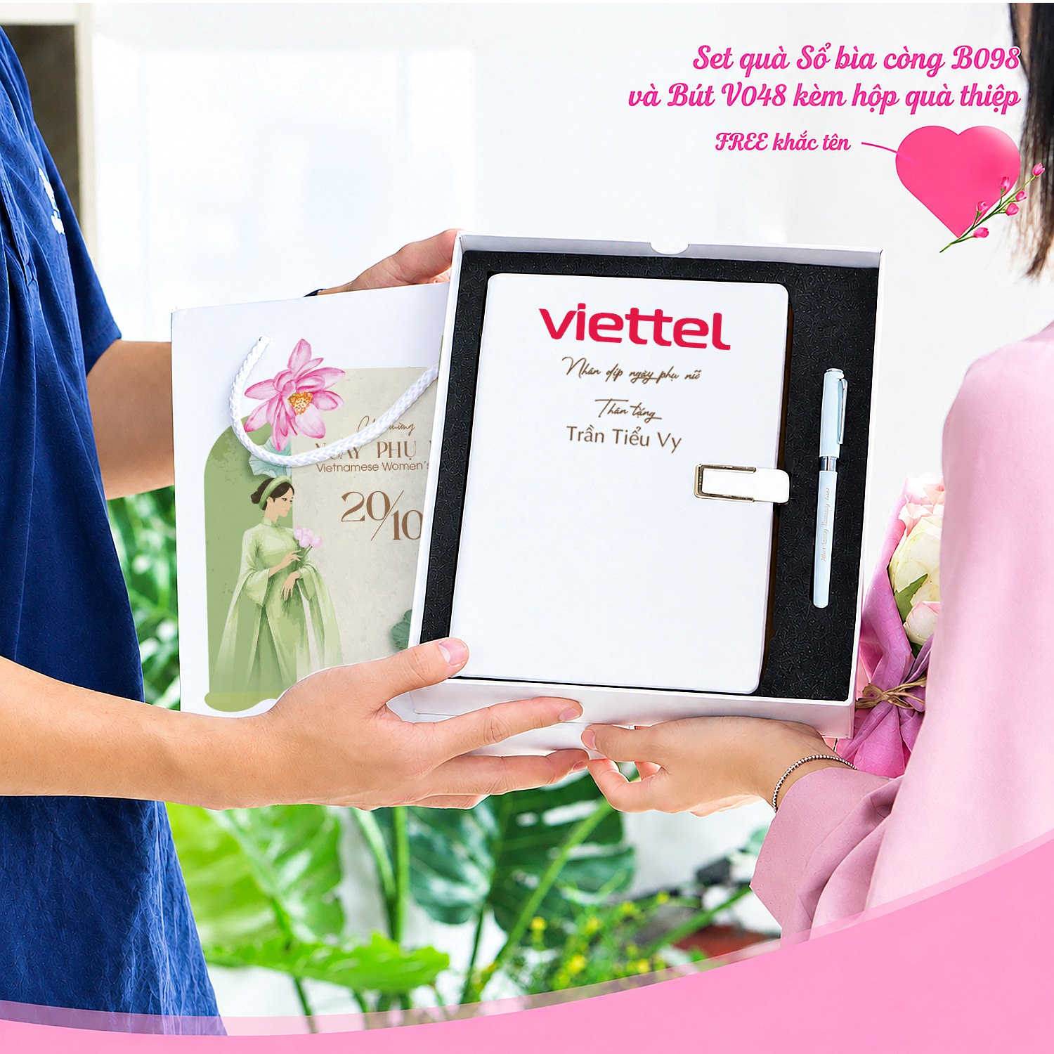 Quà Tặng Doanh Nghiệp Vivagift 36 Set Quà Tặng 20/10 Sổ Tay Bìa Còng B098, Bút V048, Hộp Đựng, Thiệp SQT2024 - Quatangviva.com