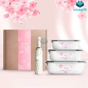 Set Quà Tặng 20/10 Hộp Cơm Thủy Tinh, Dù SQT2028 - Quatangviva.com