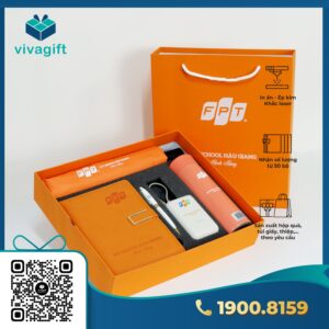 Set quà bình giữ nhiệt, sổ bìa, bút kim loại, sạc dự phòng, ô dù cầm tay GS199 - Quatangviva.com