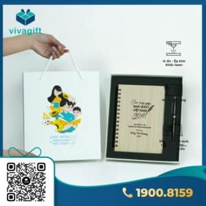 Set quà tặng sổ tay bìa gỗ, bút kim loại, hộp quai xách GS200 - Quatangviva.com