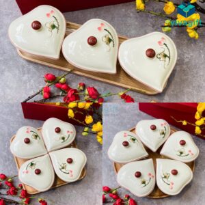 Bộ khay mứt Tết gốm sứ Bát Tràng hình tim sen đỏ KMS-09 - Quatangviva.com