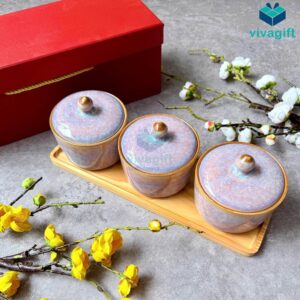 Hũ đựng bánh kẹo Tết gốm sứ Bát Tràng hình tròn men hoả biến san hô tím KMS-04 - Quatangviva.com