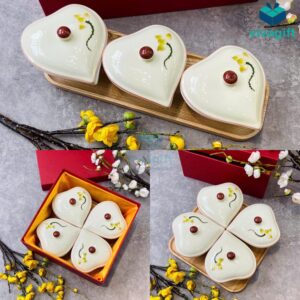 Bộ khay đựng bánh kẹo Tết gốm sứ Bát Tràng hình tim sen KMS-10 - Quatangviva.com