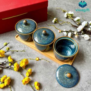 Khay mứt Tết gốm sứ Bát Tràng men hoả biến xanh đại dương KMS-01 - Quatangviva.com